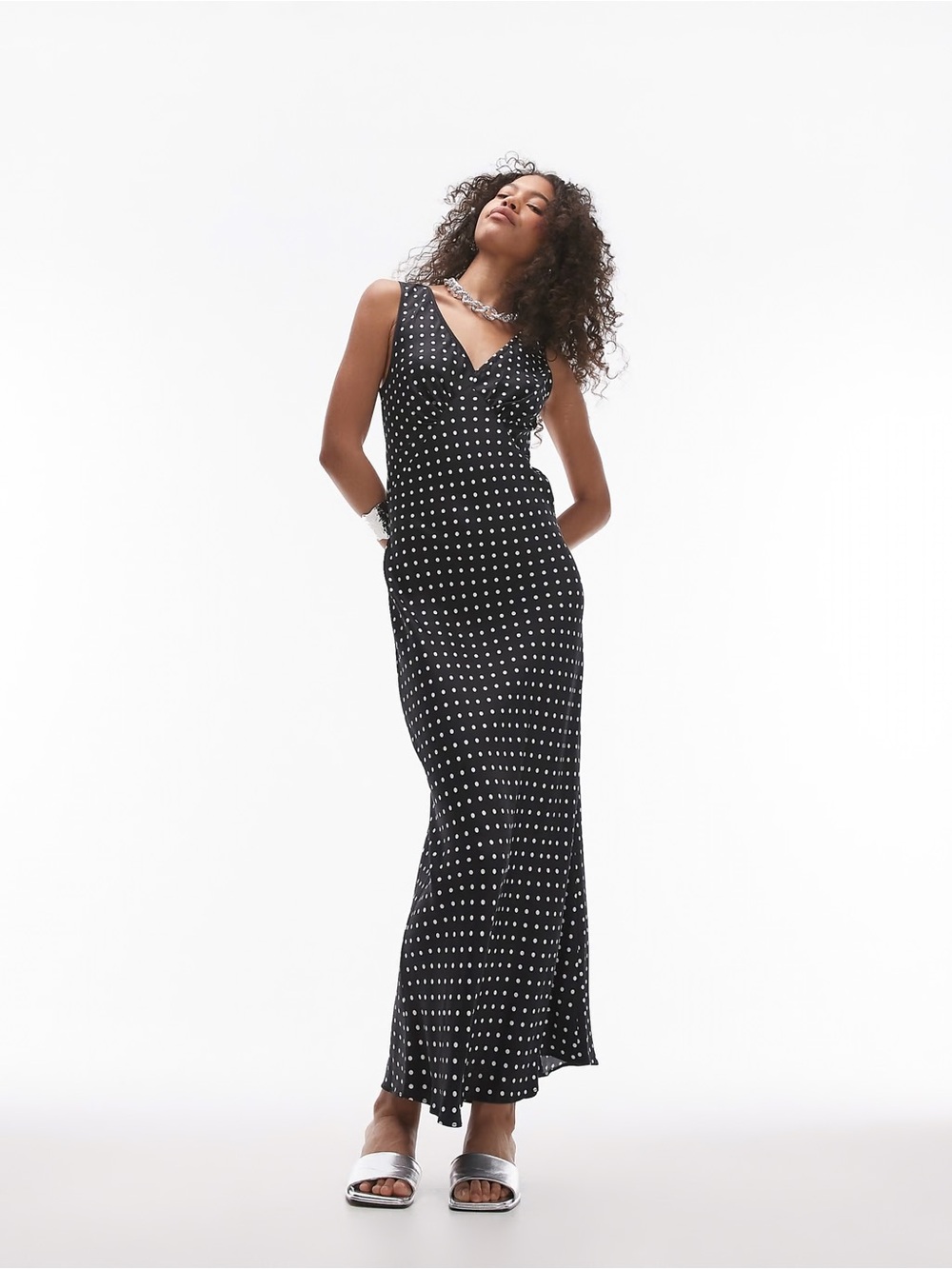 Topshop Black Maxi Dress with White Polka Dots